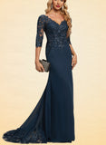 Jayla Trumpet/Mermaid V-Neck Sweep Train Chiffon Lace Evening Dress With Sequins UKP0021095