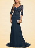 Jayla Trumpet/Mermaid V-Neck Sweep Train Chiffon Lace Evening Dress With Sequins UKP0021095