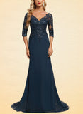 Jayla Trumpet/Mermaid V-Neck Sweep Train Chiffon Lace Evening Dress With Sequins UKP0021095