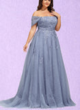 Maren Ball-Gown/Princess Off the Shoulder Sweep Train Lace Tulle Evening Dress With Sequins UKP0021102