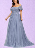 Maren Ball-Gown/Princess Off the Shoulder Sweep Train Lace Tulle Evening Dress With Sequins UKP0021102