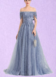 Maren Ball-Gown/Princess Off the Shoulder Sweep Train Lace Tulle Evening Dress With Sequins UKP0021102