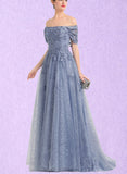 Maren Ball-Gown/Princess Off the Shoulder Sweep Train Lace Tulle Evening Dress With Sequins UKP0021102