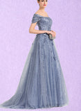 Maren Ball-Gown/Princess Off the Shoulder Sweep Train Lace Tulle Evening Dress With Sequins UKP0021102