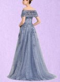 Maren Ball-Gown/Princess Off the Shoulder Sweep Train Lace Tulle Evening Dress With Sequins UKP0021102