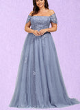 Maren Ball-Gown/Princess Off the Shoulder Sweep Train Lace Tulle Evening Dress With Sequins UKP0021102