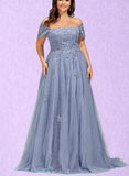 Maren Ball-Gown/Princess Off the Shoulder Sweep Train Lace Tulle Evening Dress With Sequins UKP0021102