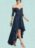 Val A-line Off the Shoulder Asymmetrical Lace Satin Evening Dress With Sequins UKP0021105