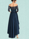 Val A-line Off the Shoulder Asymmetrical Lace Satin Evening Dress With Sequins UKP0021105