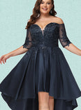 Val A-line Off the Shoulder Asymmetrical Lace Satin Evening Dress With Sequins UKP0021105