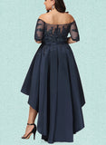 Val A-line Off the Shoulder Asymmetrical Lace Satin Evening Dress With Sequins UKP0021105