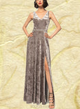 Adrienne A-line V-Neck Floor-Length Velvet Evening Dress With Beading UKP0021109