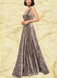 Adrienne A-line V-Neck Floor-Length Velvet Evening Dress With Beading UKP0021109