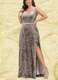 Adrienne A-line V-Neck Floor-Length Velvet Evening Dress With Beading UKP0021109