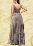 Adrienne A-line V-Neck Floor-Length Velvet Evening Dress With Beading UKP0021109