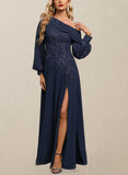 Adyson A-line Asymmetrical Floor-Length Chiffon Lace Evening Dress With Pleated Sequins UKP0021114