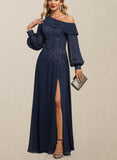 Adyson A-line Asymmetrical Floor-Length Chiffon Lace Evening Dress With Pleated Sequins UKP0021114