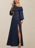 Adyson A-line Asymmetrical Floor-Length Chiffon Lace Evening Dress With Pleated Sequins UKP0021114