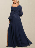 Adyson A-line Asymmetrical Floor-Length Chiffon Lace Evening Dress With Pleated Sequins UKP0021114