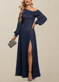 Adyson A-line Asymmetrical Floor-Length Chiffon Lace Evening Dress With Pleated Sequins UKP0021114