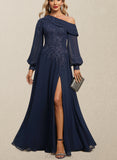 Adyson A-line Asymmetrical Floor-Length Chiffon Lace Evening Dress With Pleated Sequins UKP0021114