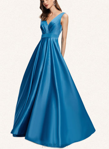 April A-line V-Neck Floor-Length Satin Evening Dress With Pleated UKP0021119