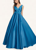 April A-line V-Neck Floor-Length Satin Evening Dress With Pleated UKP0021119