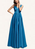 April A-line V-Neck Floor-Length Satin Evening Dress With Pleated UKP0021119