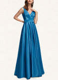 April A-line V-Neck Floor-Length Satin Evening Dress With Pleated UKP0021119