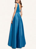 April A-line V-Neck Floor-Length Satin Evening Dress With Pleated UKP0021119