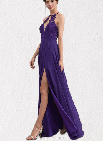 Reyna A-line Scoop Illusion Floor-Length Chiffon Evening Dress With Appliques Lace UKP0021121