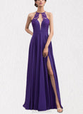 Reyna A-line Scoop Illusion Floor-Length Chiffon Evening Dress With Appliques Lace UKP0021121