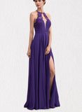 Reyna A-line Scoop Illusion Floor-Length Chiffon Evening Dress With Appliques Lace UKP0021121