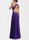 Reyna A-line Scoop Illusion Floor-Length Chiffon Evening Dress With Appliques Lace UKP0021121