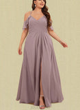 Shea A-line Cold Shoulder V-Neck Floor-Length Chiffon Evening Dress With Pleated UKP0021124