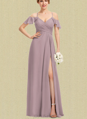 Shea A-line Cold Shoulder V-Neck Floor-Length Chiffon Evening Dress With Pleated UKP0021124