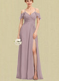 Shea A-line Cold Shoulder V-Neck Floor-Length Chiffon Evening Dress With Pleated UKP0021124