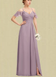 Shea A-line Cold Shoulder V-Neck Floor-Length Chiffon Evening Dress With Pleated UKP0021124