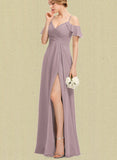 Shea A-line Cold Shoulder V-Neck Floor-Length Chiffon Evening Dress With Pleated UKP0021124