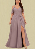 Shea A-line Cold Shoulder V-Neck Floor-Length Chiffon Evening Dress With Pleated UKP0021124