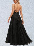 Ally A-line V-Neck Floor-Length Lace Prom Dresses With Beading Sequins UKP0021126