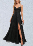 Ally A-line V-Neck Floor-Length Lace Prom Dresses With Beading Sequins UKP0021126