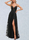 Ally A-line V-Neck Floor-Length Lace Prom Dresses With Beading Sequins UKP0021126