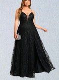 Ally A-line V-Neck Floor-Length Lace Prom Dresses With Beading Sequins UKP0021126