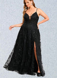 Ally A-line V-Neck Floor-Length Lace Prom Dresses With Beading Sequins UKP0021126