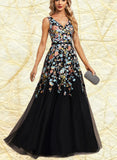 Ashanti A-line V-Neck Floor-Length Lace Tulle Evening Dress With Beading Sequins UKP0021131