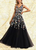 Ashanti A-line V-Neck Floor-Length Lace Tulle Evening Dress With Beading Sequins UKP0021131