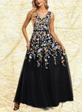 Ashanti A-line V-Neck Floor-Length Lace Tulle Evening Dress With Beading Sequins UKP0021131