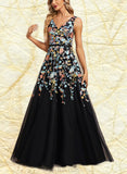 Ashanti A-line V-Neck Floor-Length Lace Tulle Evening Dress With Beading Sequins UKP0021131