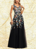 Ashanti A-line V-Neck Floor-Length Lace Tulle Evening Dress With Beading Sequins UKP0021131